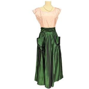 Vintage Pink Bodice Green Satin Full Skirt Prom Dress XS 60s Prom Satin Dress
